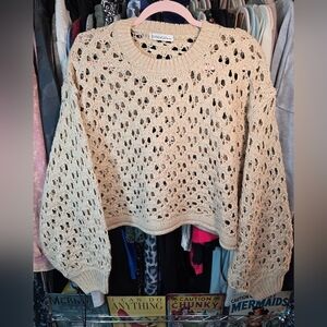 #0566 S/M NEW ZENANA Lt Mocha Speckle Sweater 27"ptp 22"Long Balloon Slvs